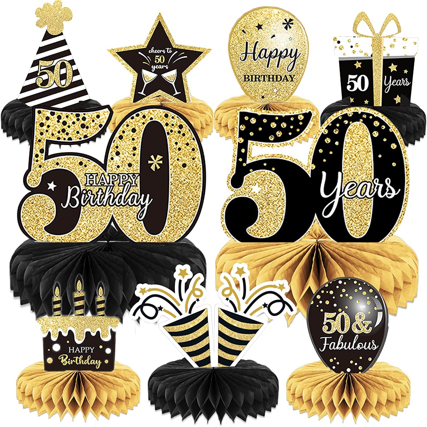 9-Piece Black and Gold 50th Birthday Honeycomb Centerpieces photo 1