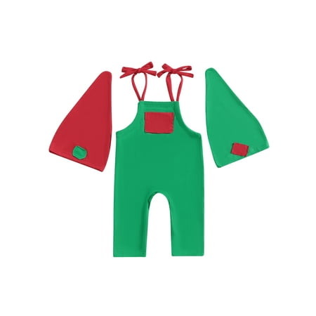 

Baby Girls Boys Rompers Christmas Clothes Patchwork Pocket Tie-Up Strpas Sleeveless Jumpsuits with 2 Hats