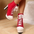 thumbnail image 3 of Women's Canvas High Heel Casual Shoes Comfortable Fleece Lined Lace Up Platform Ankle Boot with Side Zipper Red Size 9.5, 3 of 8