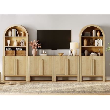 126" Mid-Century Modern TV Stand with Bookshelves for Tvs Up to 70", Large Entertainment Center with Storage Cabinet, TV Console with Doors For Living Room, Bedroom