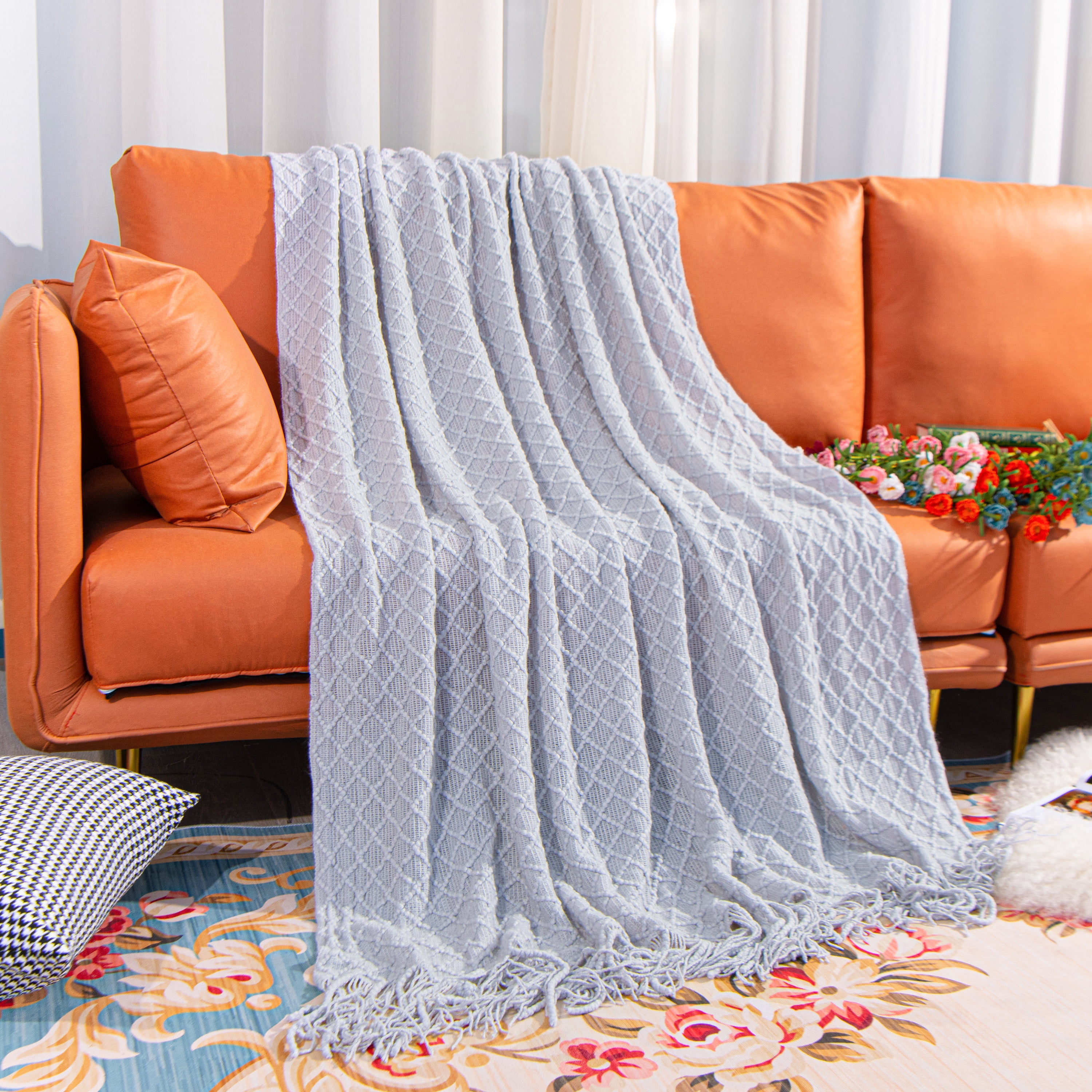 Ntbay Acrylic Knitted Throw Blanket with 7" Tassels, Lightweight and Soft Cozy Decorative Woven Blanket for Travel, Couch, Bed, Sofa, 51" x 67", Light Gray Checkered