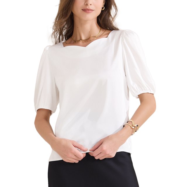 INSPIRAR CHIC Blusa de satén de media manga con escote corazón para oficina M Blanca