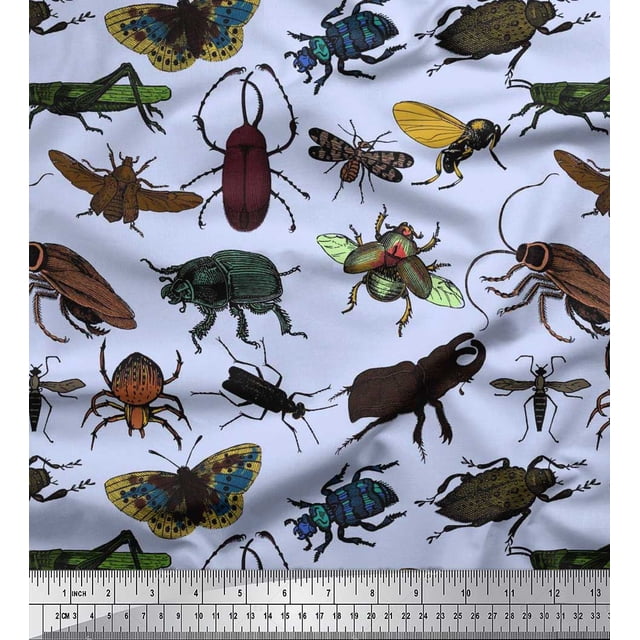 Soimoi Blue Poly Georgette Fabric Beetle & Honey Bee Insects Print Fabric by The Yard 42 Inch Wide