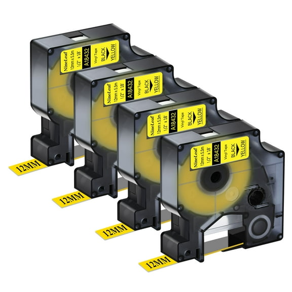 NineLeaf 4PK Compatible for DYMO 18432 1/2" x 18' (12mm x 5.5m) Black on Yellow Industrial Vinyl Label Maker Tape for Rhino 4200 5200 Label Maker