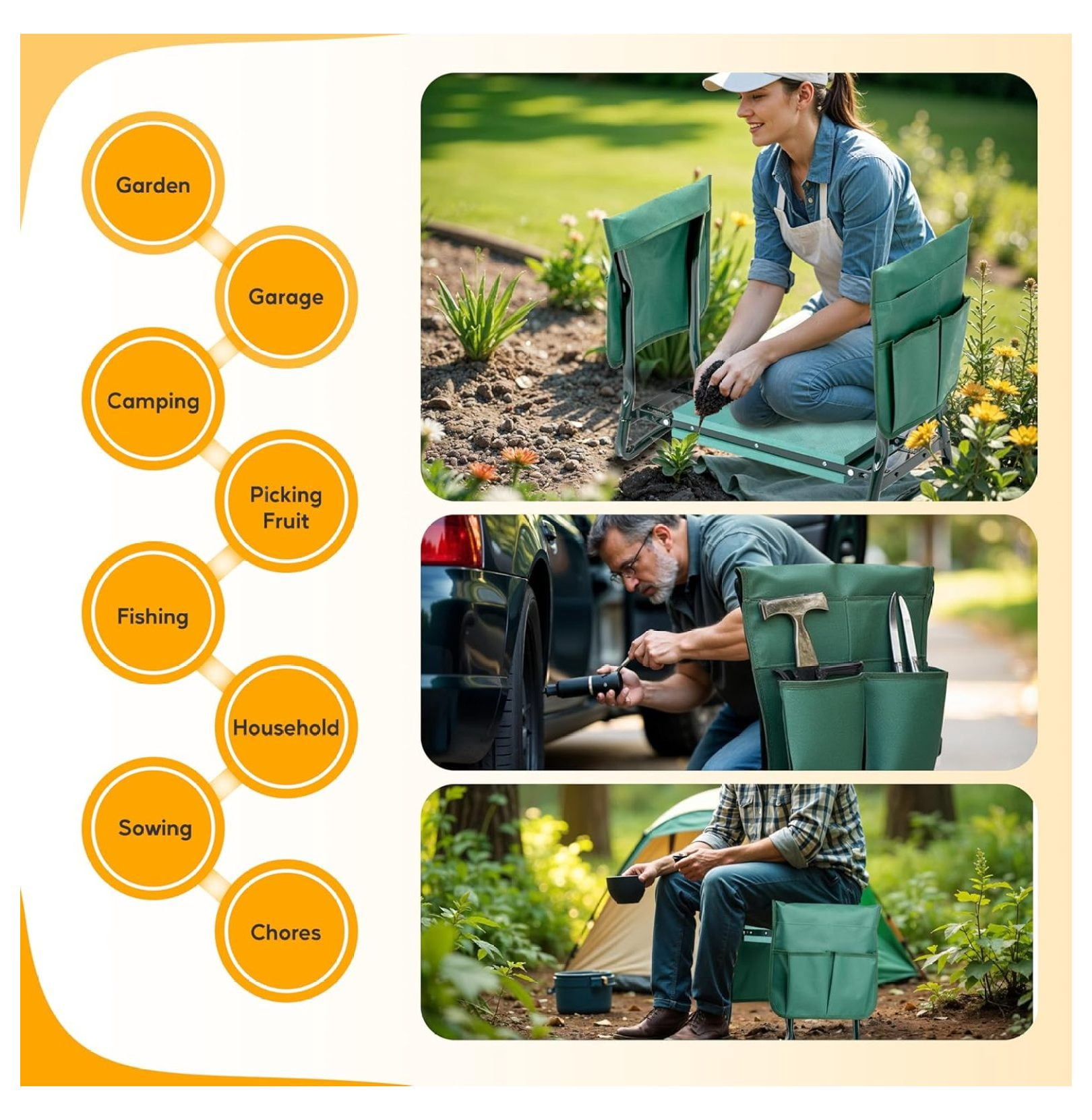 Garden Kneeler and Seat, Foldable Gardening Stool with Tool Pouch - Heavy Duty Kneeling Pad for Outdoor Work, Fishing, Arbor Day Gift - Green