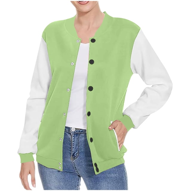 UAMVSH Jackets for Women Casual Button down Athletic Coats Fall Color Block Long Sleeve Baseball Active Jackets Outwear with Pockets(Medium,Green 1)