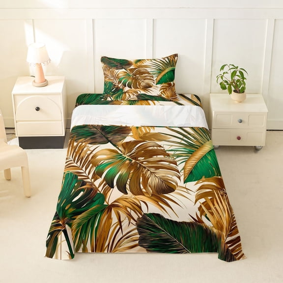 Erosebridal Gold Green Monstera Leaf Twin Sheet Sets,Tropical Botanical Tree Bedding For Men Women 3pcs