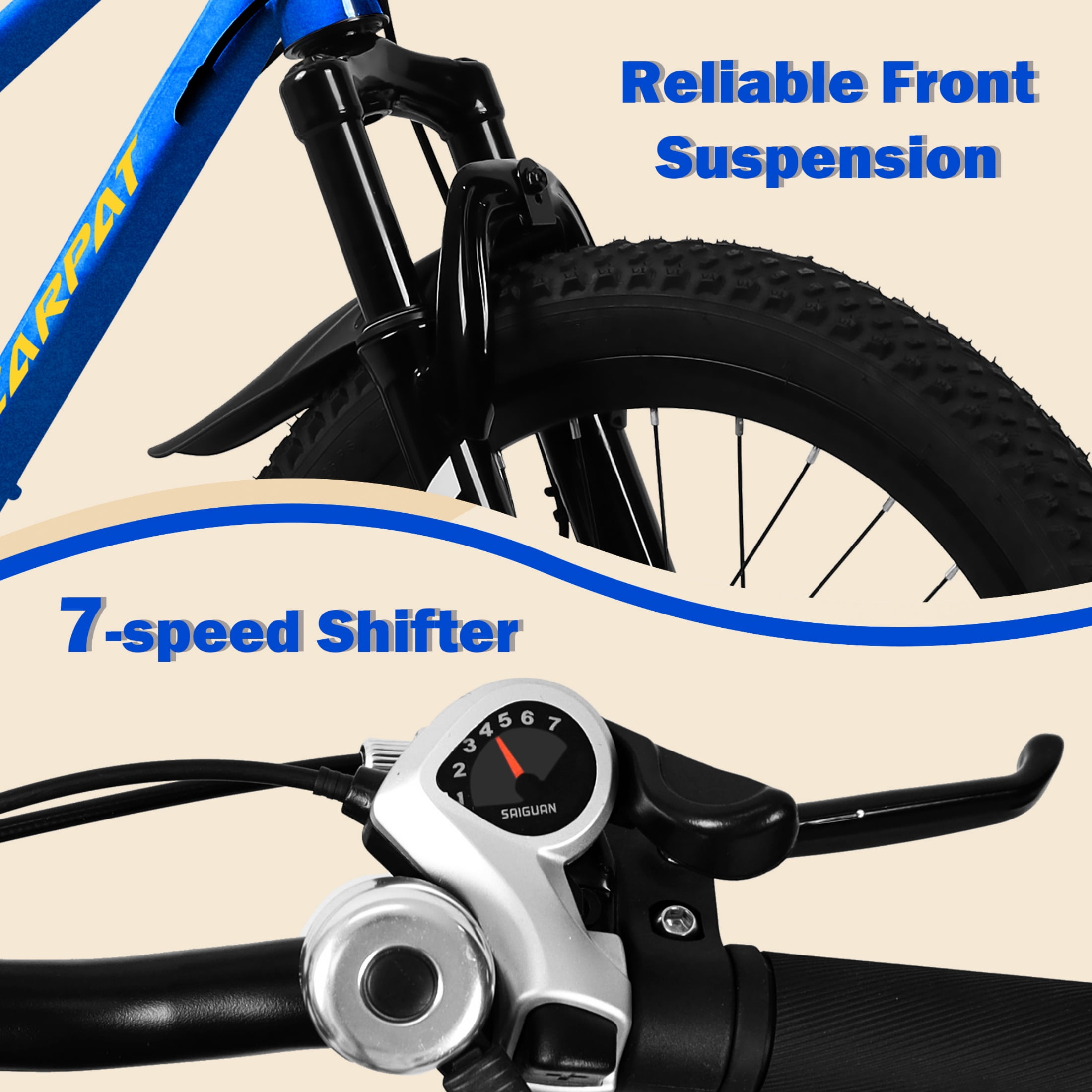 QEEKA 20 Inch Kids Mountain Bike，4.0"/2.125" Wide Non-Slip Tires,7-Speed with Front Suspension,Dual Disc Brakes and Steel Frame,Kids MTB Bicycle for Ages 6-12 Years Old,Blue