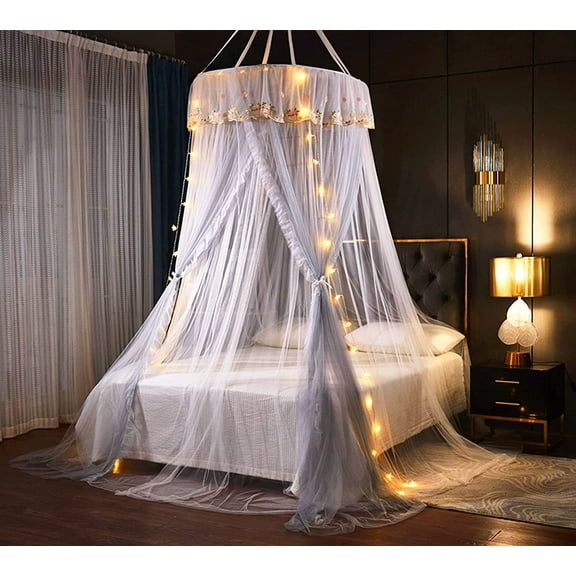 Princess Bed Canopy for Girls Double Layer Sheer Mesh Dome Elegant Embroidery Lace Mosquito Net Bed Curtain for Full Queen King Bed with led Stars String Lights(Grey/White)