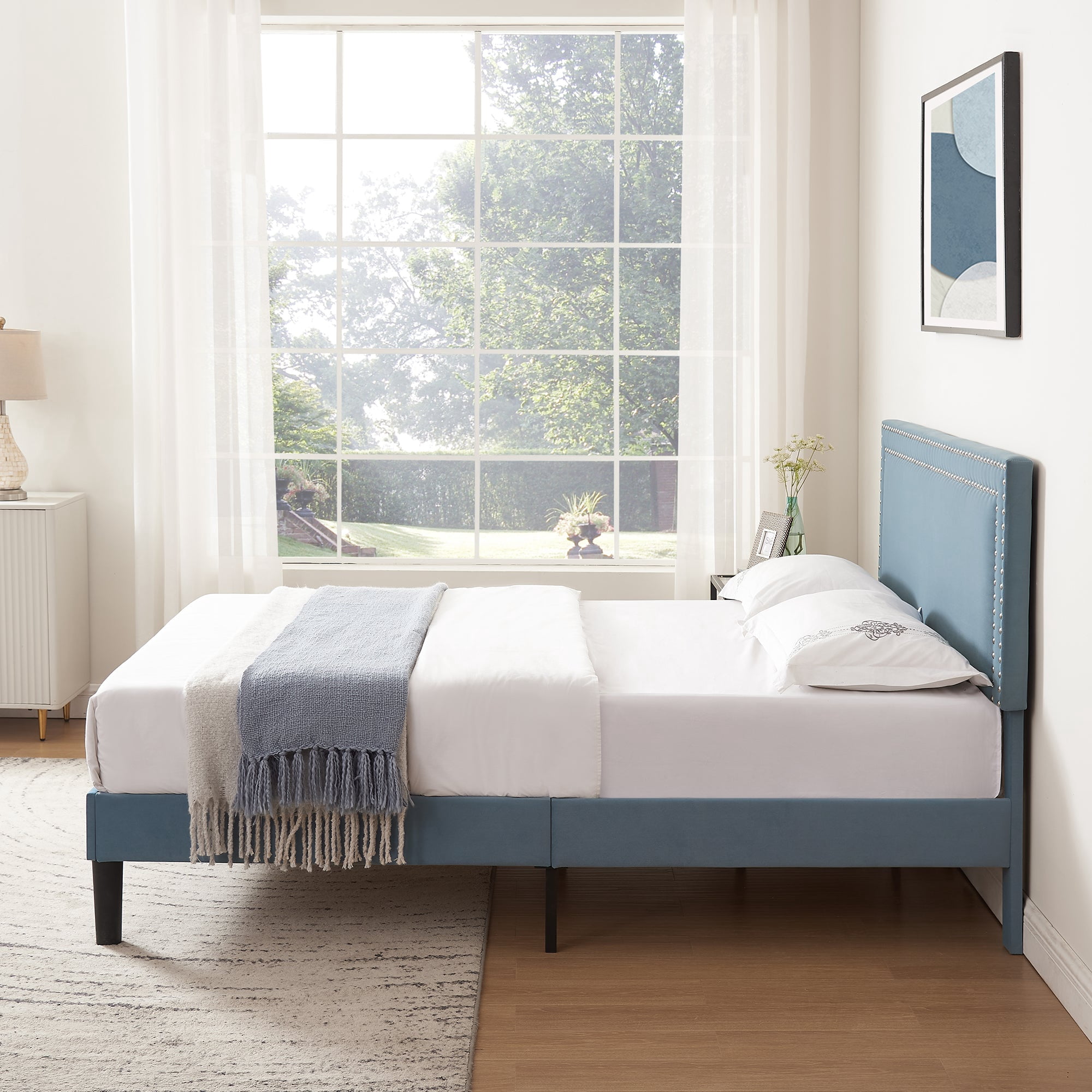 VECELO Queen Size Platform Bed Frame, Modern Upholstered Bed Frame with Adjustable Height & Nailhead Trim Headboard, No Box Spring Needed, Easy Assembly, Light Blue