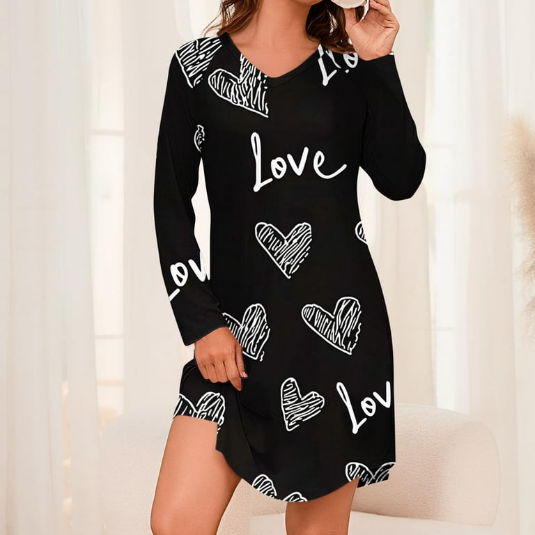Sakmal Moomoo House Dress for Women Short Cute Black Sleepshirt Long Sleeve Heart Print Nightgowns for Women, Women's, Size: Medium