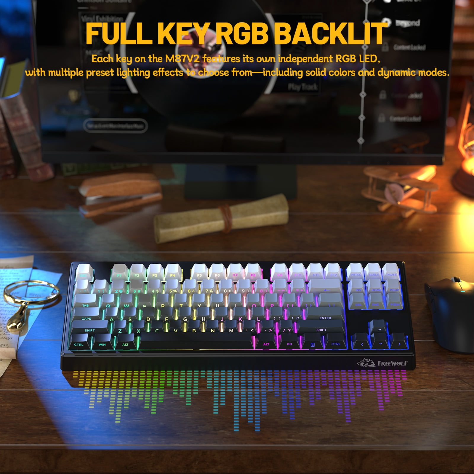 ZIYOU LANG M87V2 Wireless Keyboard, 80% TKL Creamy Keyboard, Low Profile Quiet Typing, Side-Printed PBT Keycaps, RGB Backlit, Gray