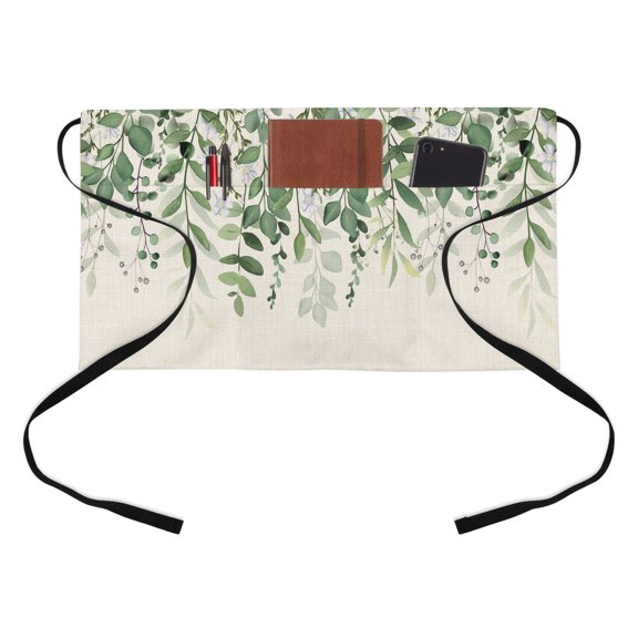 Eucalyptus Leaves Kitchen Restaurant Half Waist Apron, Green Leaves Idyllic Wind Farmhouses Vintage Server Short Apron with 3 Pockets Waterproof Oil Waist Aprons for Women Waitress Waiter