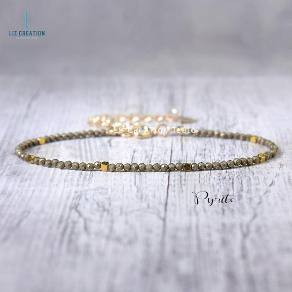 Pyrite 2mm Round Shape Faceted Cut Beads 7 inch Adjustable Gold Plated Clasp Bracelet for men, women, unisex. Link Chain Stacking Bracelet.|LINK_05602