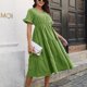 thumbnail image 3 of Vestido largo de mujer con cuello en V, manga corta, dobladillo con volantes, vestido casual de color puro para uso diario, 3 of 7