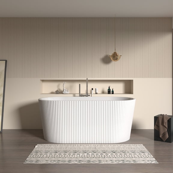 Tona 68" Stone Resin Freestanding Bathtub - Modern Oval Solid Surface Soaking Tub, Matte White, Drain & Overflow Assembly Included