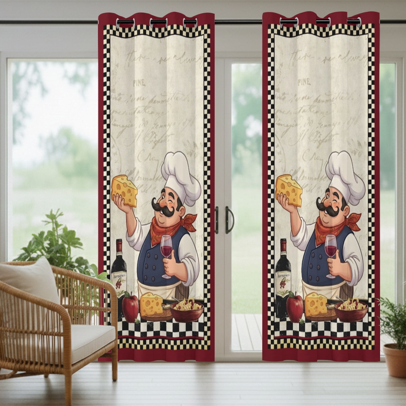 Retro Cartoon Chef Outdoor Curtains for Patio, Vintage Wine Cheese Farmhouse Traditional Black Plaid Sunshade Privacy Drapes Grommet Waterproof Outside Curtains for Porch Balcony 54"x108", 2 Panel