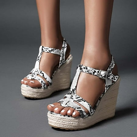 

Fidelma Women s sandals Sandals For Womens Wedges Flip Flops Flat Snake print Open Toe Buckle Strap Shoe White-39