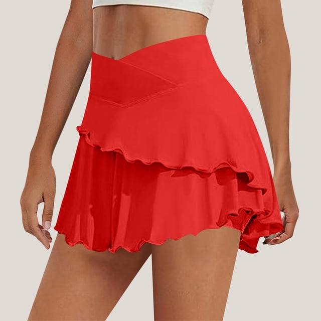 Elvqul Jupes pour Femmes Jupes Mini à Taille Élastique Été à Volants Rouges Taille Haute Jupes Courtes Juniors Unies