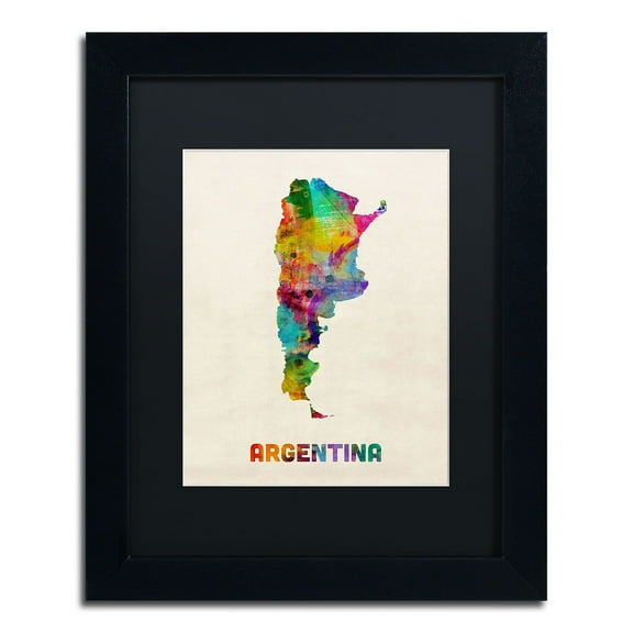 Trademark Fine Art "Argentina Watercolor Map" Canvas Art by Michael Tompsett, Black Matte, Black Frame