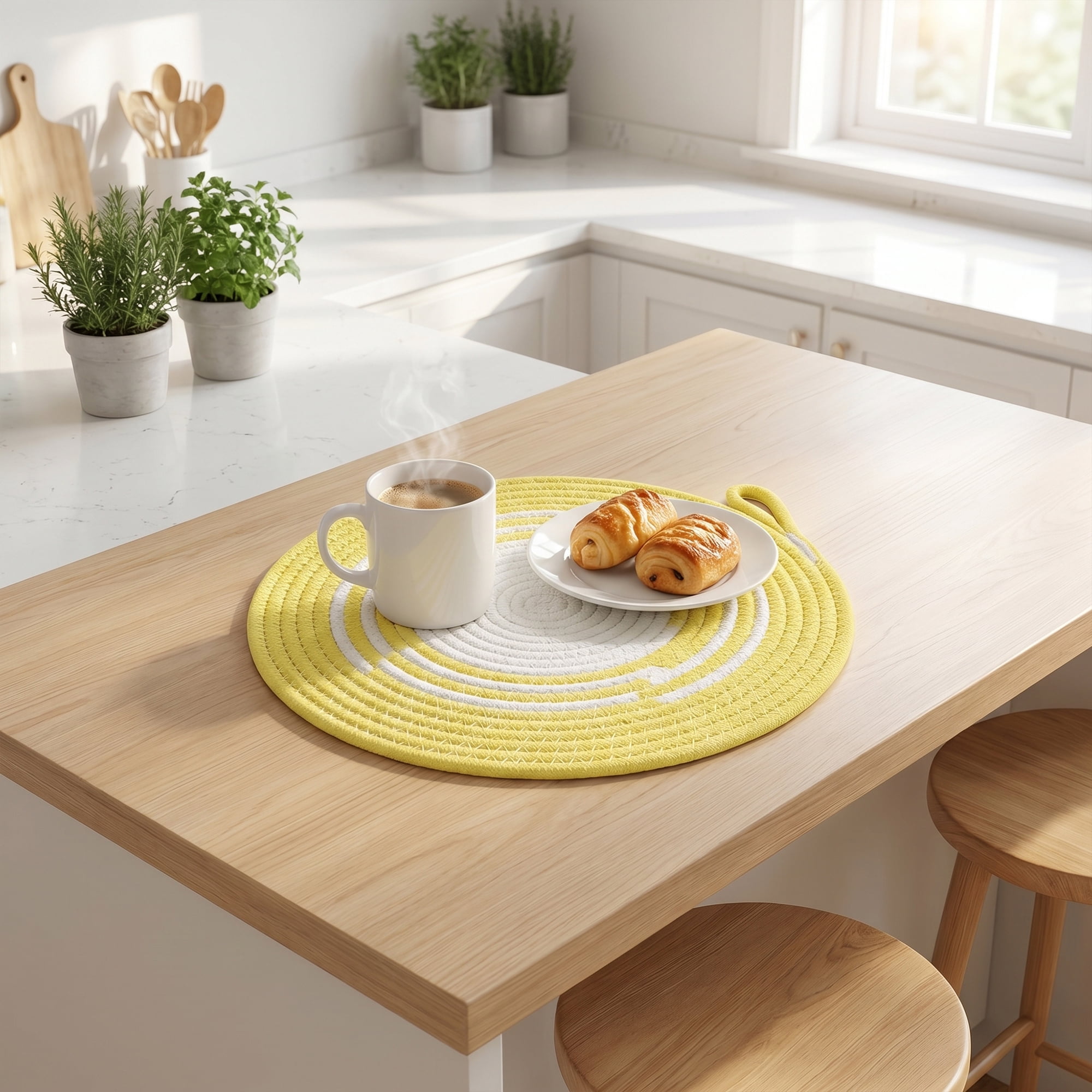Unique Bargains 6Pcs Woven Dining Table Decor Round Placemats Yellow 11.8x11.8in