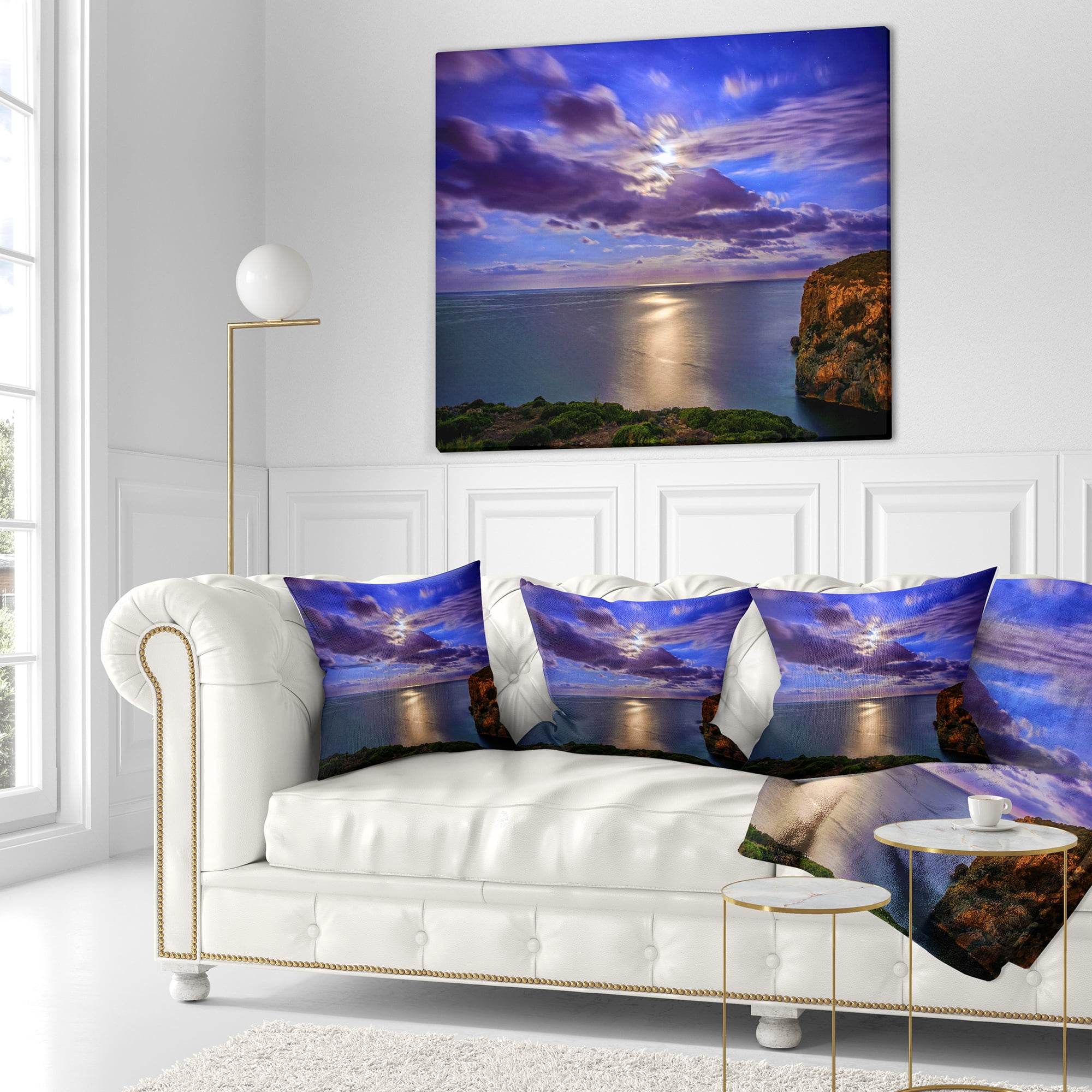 Designart Moon Reflecting in Blue Sea - Modern Seascape Throw Pillow - 18x18