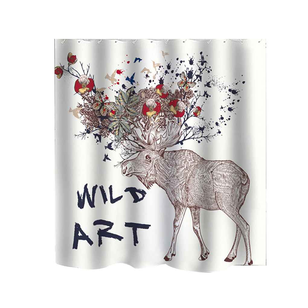 Polyester Shower Curtain Deer Printed Waterproof Bath Curtain with Ring Home Sew 