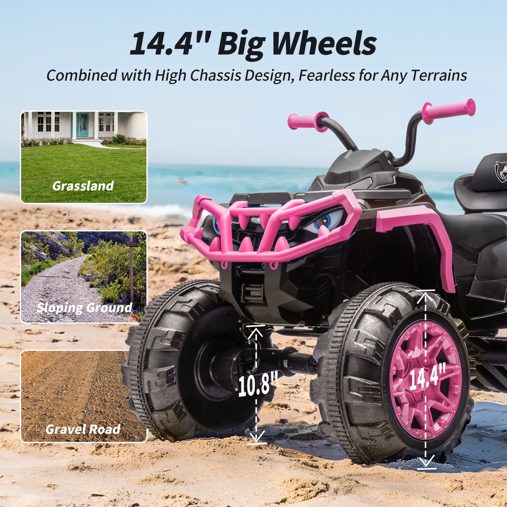Hikiddo 24V Kids ATV 4-Wheeler, 24 Volt 4WD Ride on Toy for Big Kid w/ 4x200W Motor, 5.6Mph Max Speed - Pink
