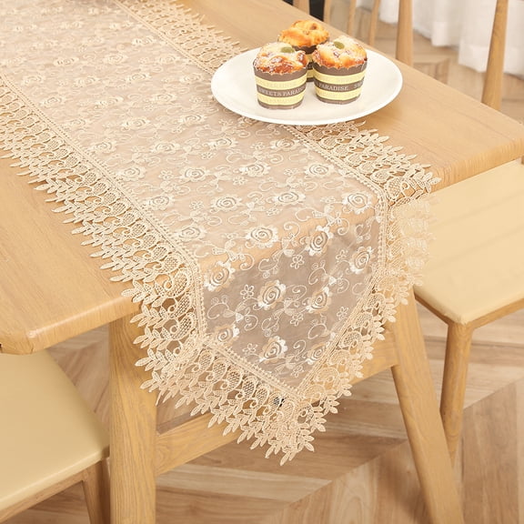 Flowers Embroidered Table Runner, Lace Dresser Scarf Table Top Tablecloth Home Kitchen Decoration