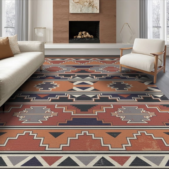 ODIKA 8'x10' Washable Area Rug Distressed Southwestern Faded Stripes Border Kilim Navy Vintage Playful for King Size Bedroom Under Bed, Master Suite, Non-Shedding, Easy Care