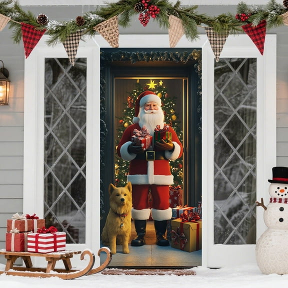 KOYPTL Christmas Door Cover For Front Door,35*71 Inch Background Banner Painted Santa Claus,Hanging Banner Cover With Rope Decor For Winter Indoor Outdoor Festival Christmas Decorations
