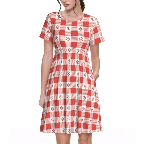 Easygdp Checkered Christmas With Snowflakes para Vestido Transpirable de Mujer, Vestido Suelto de Manga Corta con Pliegues y Bolsillos para el Verano