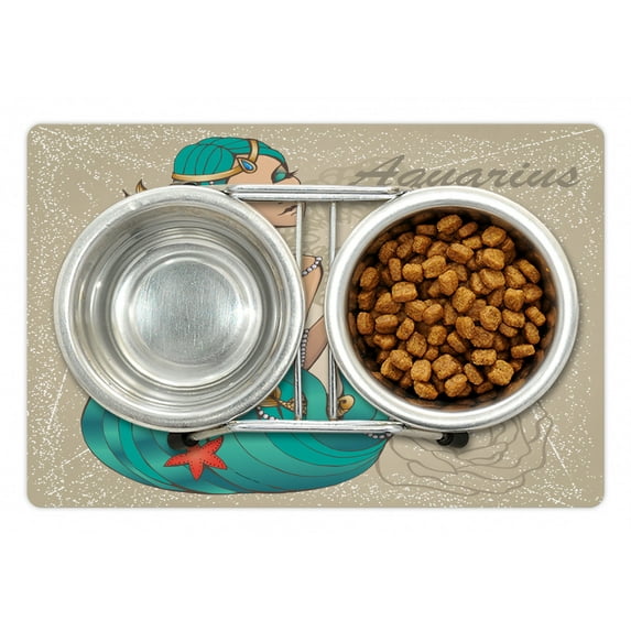Zodiac Aquarius Pet Mat for Food and Water, Lady with Pearls Flowers Starfish Fantasy Character Graphic Design, Non-Slip Rubber Mat for Dogs and Cats, 18" X 12", by Ambesonne