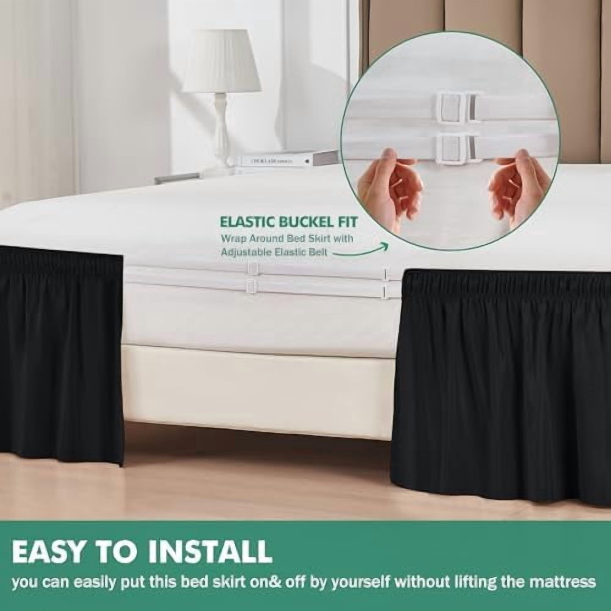 Wrap Around Bed Skirts with Split Corners for King Beds 15" Drop, Black Adjustable Elastic Dust Ruffles Easy Fit Wrinkle Resistant Silky Luxurious Fabric Machine Washable