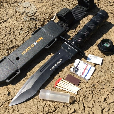 Hunt-Down 12' All Black Fixed Blade Survival Knife - Survival Kit & Compass