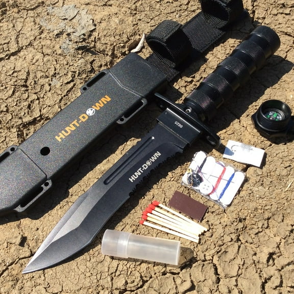 Hunt-Down 12' All Black Fixed Blade Survival Knife - Survival Kit & Compass