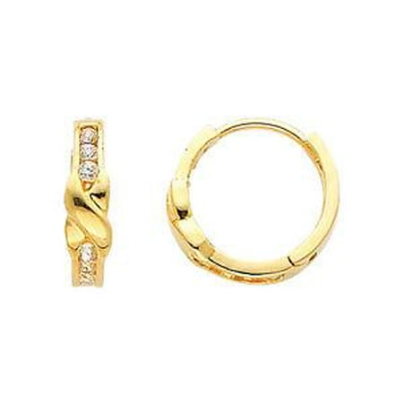 Huggie Childrens Earrings - 14K Real Yellow Gold Small Round Cubic Zirconia Huggies Earrings for Baby and Children