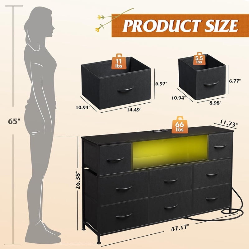 Bigleap LED TV Stand with Charging Station, Music-Sync Light Up Entertainment Center, 8 Fabric Drawer Dresser for Bedroom & Living Room, Black(Fits 45-55 inch TV)