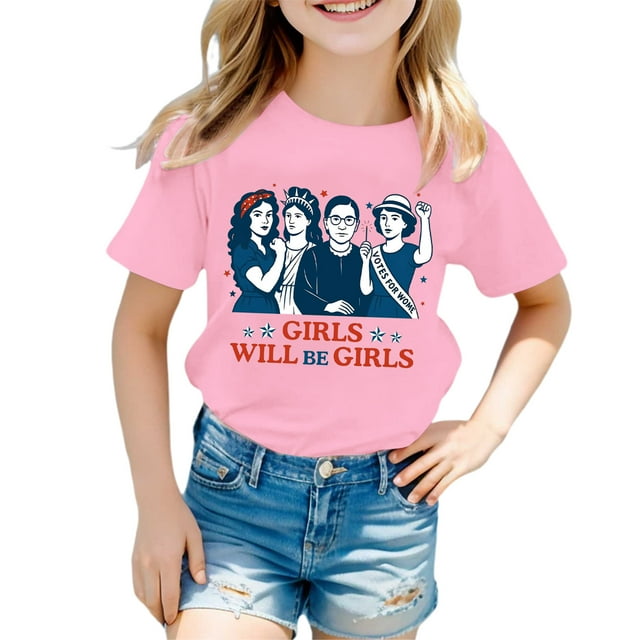 Les Tout-Petites Filles Resteront des Filles T-Shirt Imprimé à Manches Courtes à Col Rond Haut Vêtement Rose Taille 4-5T