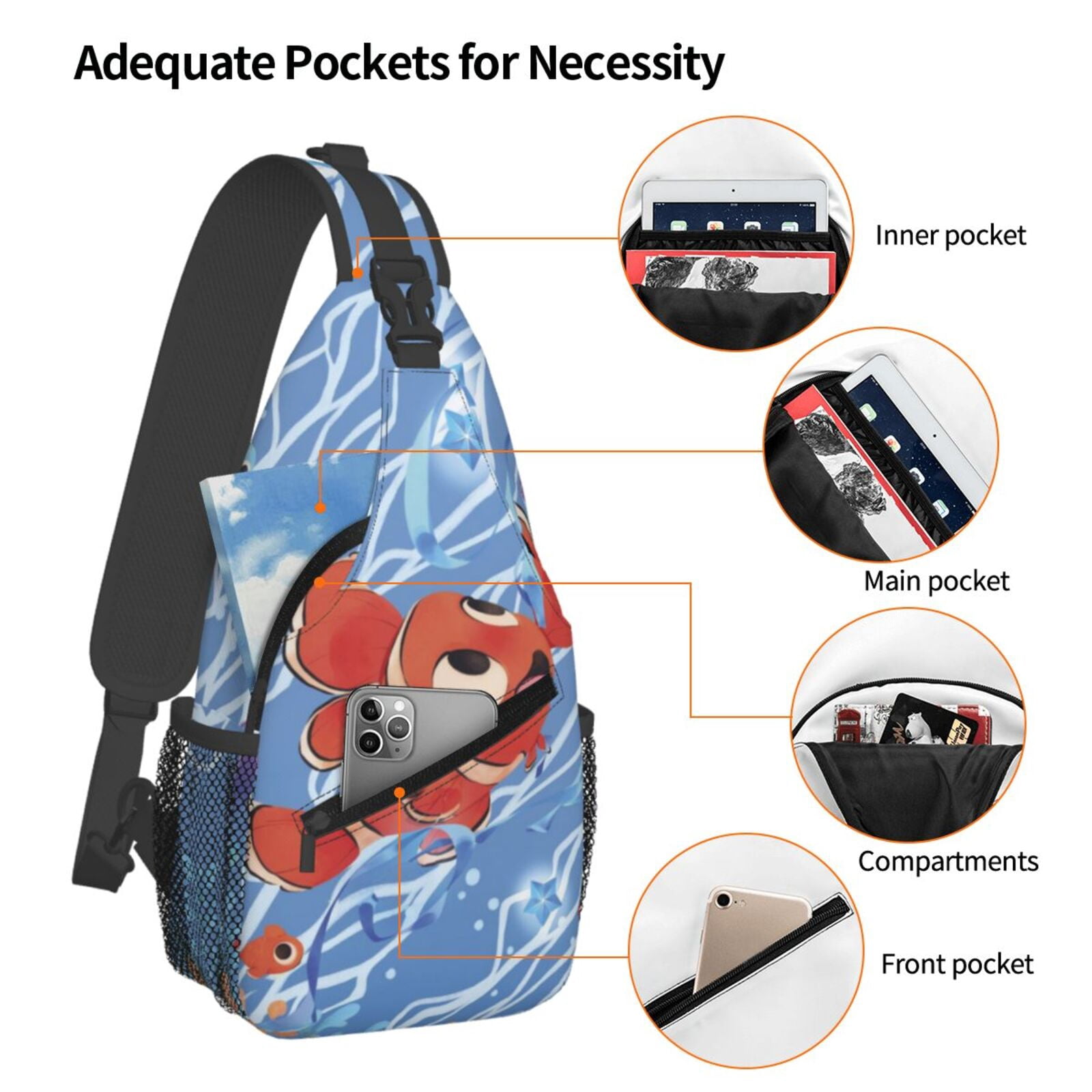 Finding Nemo Casual Sling Bag for Women Men Travel Crossbody Sling Backpack Small Chest Shoulder Bag Gym Sports Hiking Daypack 7.5 x 3.5 x 15.3 inch