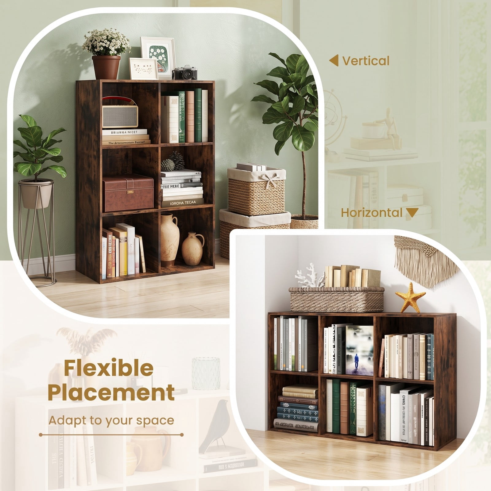 Furnibear 6-Cube Bookcase Storage Organizer with Anti-Tipping Kits, Engineered Wood Cube Bookshelf Display Shelf for Bedroom Living Room Study Room, Rustic Brown