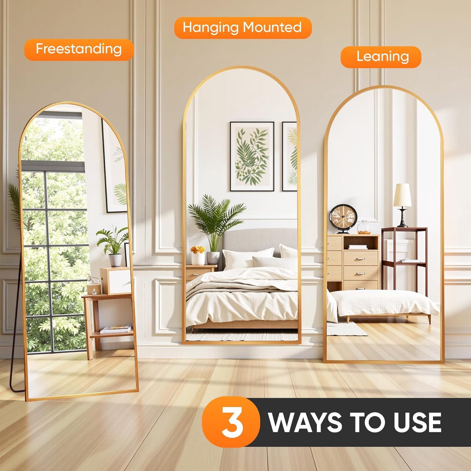 Anyrose 64.2"x21" Arched Full Length Mirror Free-standing Floor Mirror, Gold