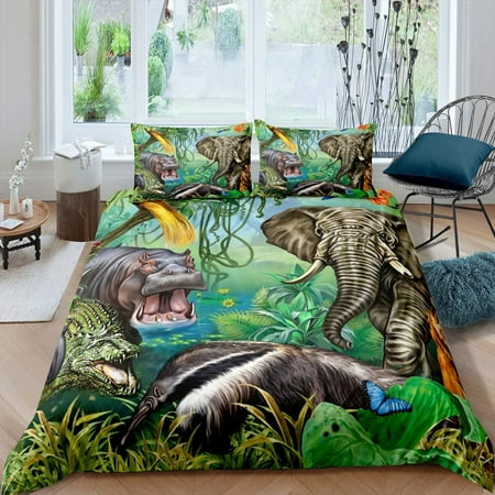 Jungle Animals Duvet Cover Set Full Size Crocodile Hippo Elephant Tiger Bedding Set African ...