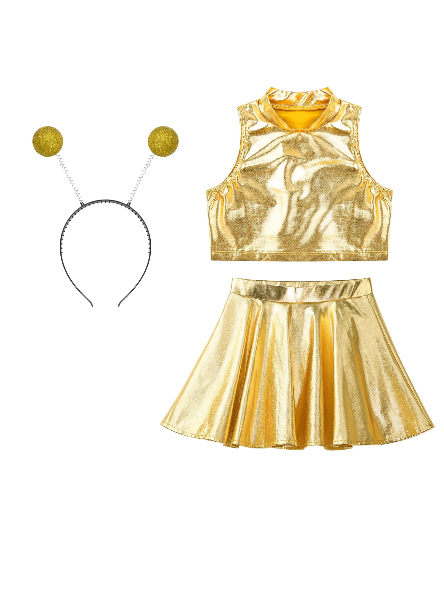 Doomiva 3Pcs Space Alien Outfit for Girls Holographic Metallic Skirt with Crop Top and Hair Hoop Set Gold 16