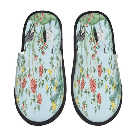 Balery Chinoiserie Floral Palm Tree Slient Indoor Furry Fleece Comfort House Shoes Soft Non-Slip Home Shoes Cotton slippers House Slippers-- Large