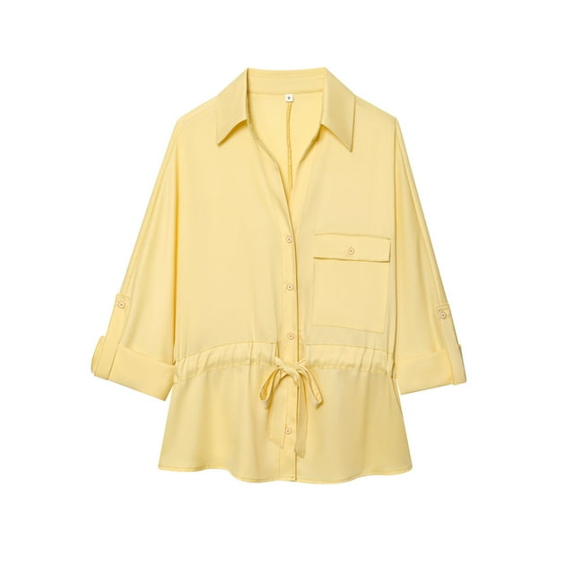 Économies d'Hiver! HVOBTTY Chandails à Enfiler pour Femmes, Haut/chemise à Col à Revers à Manches Longues de Style Uni pour Femmes Jaune, TP