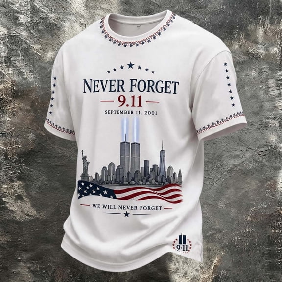 Xneal 911 25th Anniversary T-Shirt Short Sleeve Casual Print Never Forget 911 Multicolor Shirts for Men Size 2XL