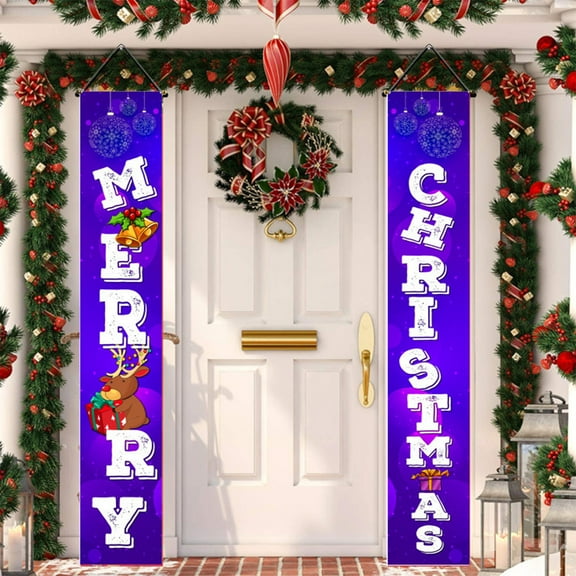 Neoyler 2 Pack Christmas Couplet Door Curtain Christmas Decorations Waterproof Polyester Holiday Door Cover with Hanging Holes Festive Calligraphy Design for Doorway Purple 11.8x70.9in