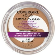 COVERGIRL + OLAY Simply Ageless Instant Wrinkle-Defying Foundation with SPF 28, Soft Honey 255, 0.44 oz, Hydrating Anti-Aging Foundation, Cruelty-Free Foundation, Hyaluronic Complex for Firm Skin