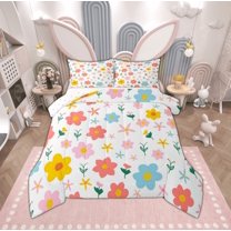 Manfei Floral Flower Full Size Comforter Sets for Female, Rustic Plant Botanical Bedding Comforter Set, Kawaii Cartoon Style Reversible Bedding Sets, Microfiber Bedroom Decor, 3-Piece